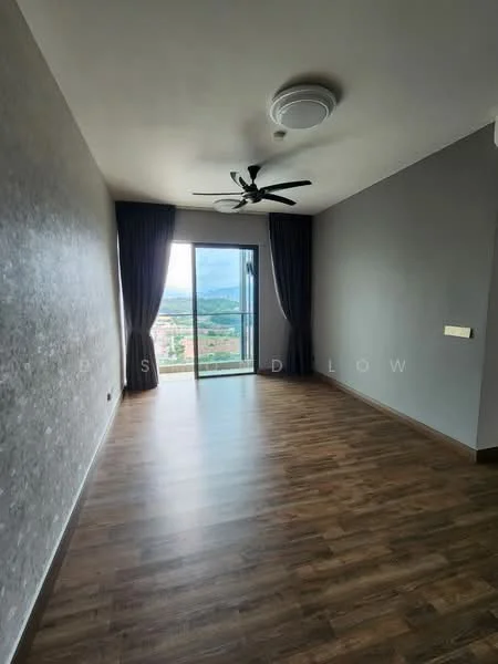 Bedroom features: wooden flooring, grey painted walls, 5-blade ceiling fan, floor-to-ceiling sliding glass door, blackout curtains, mountain view, recessed lighting, decorative wall paneling; style: modern; view: mountain.