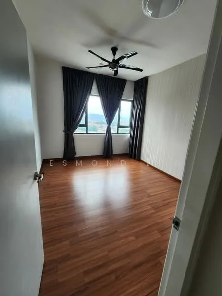 Bedroom features: wooden flooring, 5-blade ceiling fan, floor-to-ceiling windows, blackout curtains, white painted walls, accent wall with texture, mountain view; style: modern; view: mountain.