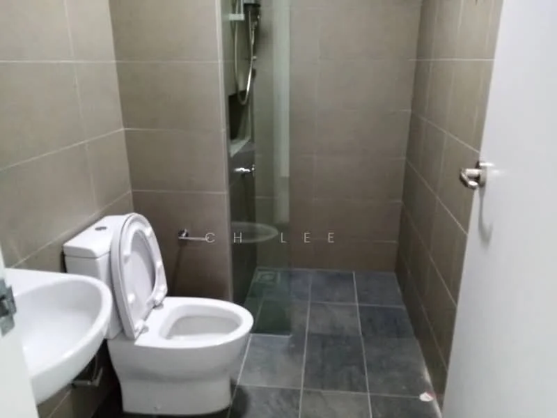 Bathroom features: one-piece toilet, single-sink vanity with wall-mounted faucet, glass shower enclosure, tile cladding on walls, dark stone flooring, neutral grey wall tiles, chrome towel rail, recessed lighting; style: modern.