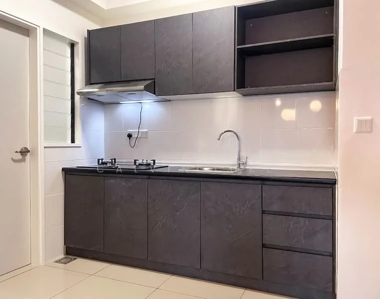 Kitchen features: black laminate cabinetry, stainless-steel sink, chrome pull-down faucet, built-in gas hob, stainless-steel range hood, white tiled backsplash, white tiled walls, cream floor tiles, under-cabinet lighting, open shelving, window for natural light; style: modern.