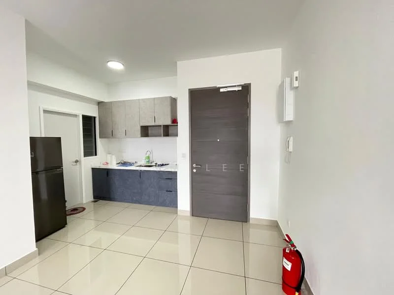 Kitchen features: grey cabinetry, blue countertop, stainless-steel fridge, sink, wall-mounted cabinets, tile flooring, recessed ceiling lights, fire extinguisher, open layout; style: modern. Room features: white painted walls, tile flooring, door to hallway.