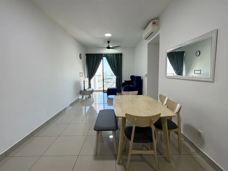 Dining features: rectangular wooden dining table, 4 dining chairs, grey upholstered bench, white painted walls, glossy ceramic tile flooring, ceiling fan, large window with city view, curtains, wall-mounted mirror, wall clock, air conditioning unit; style: modern; view: city.