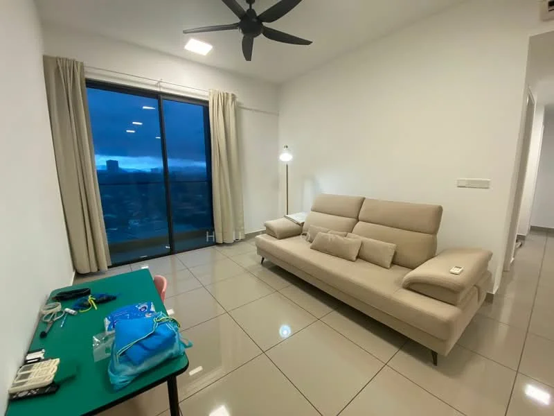 Living features: 3-seater fabric sofa in beige, floor-to-ceiling windows, curtains, ceiling fan, recessed downlights, glossy tile flooring, green table, lamp, decorative wall, neutral painted walls; style: modern; view: city.