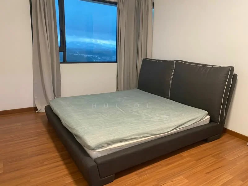 Bedroom features: king-size bed, upholstered headboard, light grey bedding, wooden flooring, floor-to-ceiling window, sheer curtains, mountain view, neutral painted walls; style: modern; view: mountain.