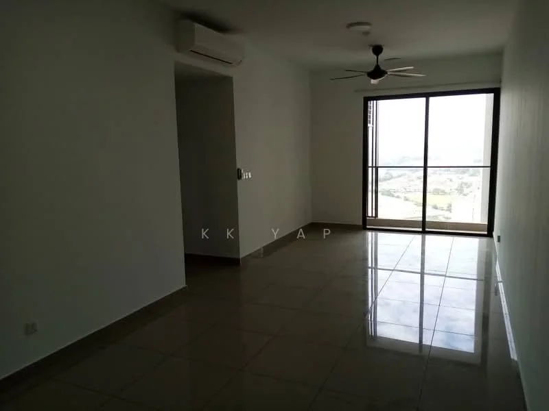 Living features: white painted walls, polished ceramic tile flooring, 5-blade ceiling fan with light, wall-mounted split AC, floor-to-ceiling windows, city view; style: modern; view: city.