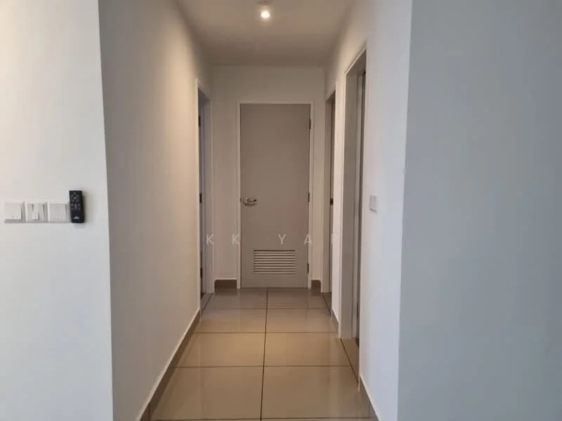 Hallway features: white painted walls, tile flooring, recessed ceiling lights, door to room on the left, door to room on the right, door to room at the end, air vent, intercom panel; style: modern.