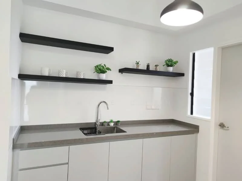 Kitchen features: grey granite countertop, single-bowl stainless-steel sink, chrome pull-down faucet, white cabinetry with flat-panel design, open shelving above countertop, decorative plants on shelves, white tiled backsplash, window for natural light; style: modern.