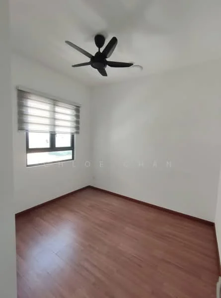 Bedroom features: wooden flooring, white painted walls, 5-blade ceiling fan, roller blinds on windows, two windows, no visible furniture; style: modern.