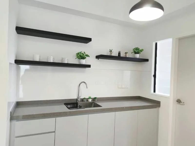 Kitchen features: grey countertop, single-bowl stainless-steel sink, chrome pull-down faucet, white cabinetry, open shelving, decorative plants on shelves, white tiled backsplash, window with natural light; style: modern.