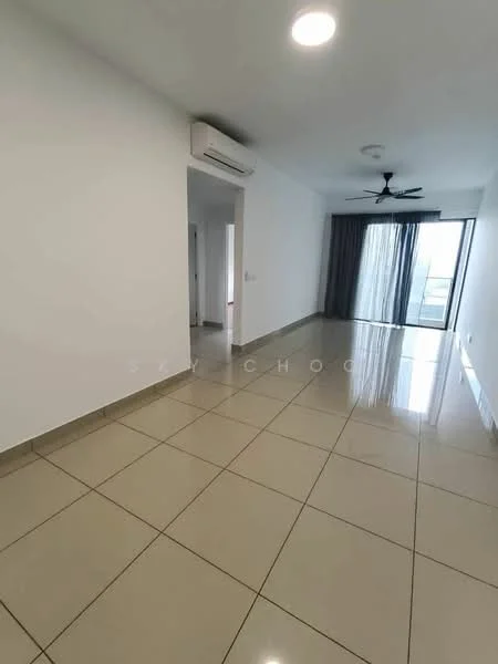 Living features: white painted walls, glossy ceramic tile flooring, 5-blade ceiling fan with light, floor-to-ceiling windows, sliding glass door, curtains, air conditioning unit, recessed downlights; style: modern.