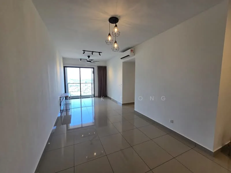 Living features: white painted walls, glossy ceramic tile flooring, 5-blade ceiling fan with light, recessed downlights, floor-to-ceiling windows, curtains, glass coffee table, open space layout; style: modern; view: city.