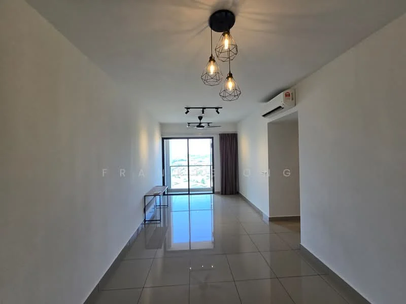 Living features: white painted walls, glossy ceramic tile flooring, 5-blade ceiling fan with light, recessed LED downlights, track lighting, floor-to-ceiling windows, curtains, wall-mounted air conditioning unit, open layout, decorative pendant lights; style: modern; view: city.