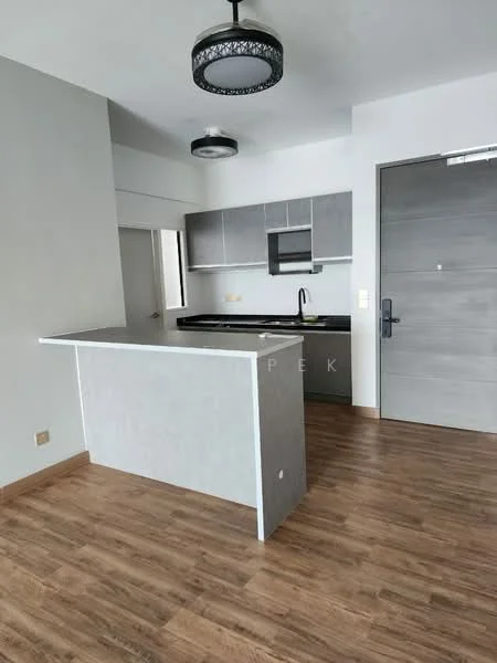 Kitchen features: grey cabinetry, black countertop, single-bowl stainless-steel sink, chrome pull-down faucet, built-in oven, ceramic tile flooring, pendant lighting, open layout, wall-mounted microwave, window with natural light; style: modern.