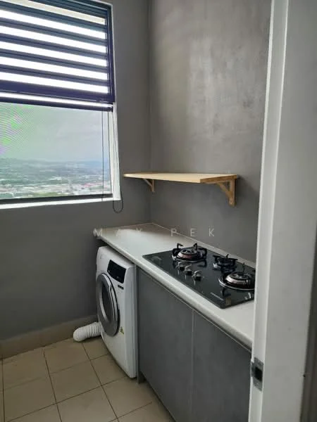 Kitchen features: grey painted walls, white countertop, 2-burner gas hob, front-load washing machine, open shelving, tile flooring, window with horizontal blinds; style: modern; view: city.