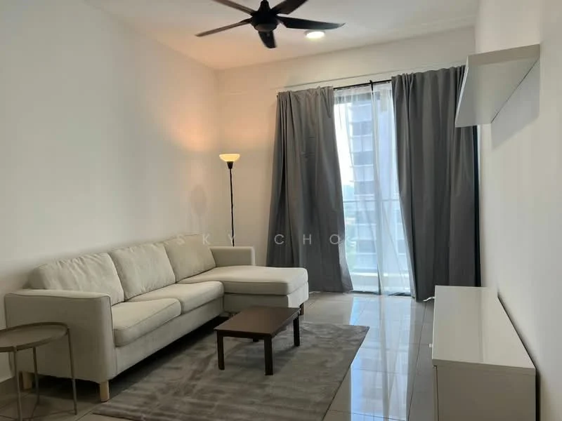 Living features: 3-seater fabric sofa in light grey, coffee table, floor lamp, area rug, TV console, floor-to-ceiling windows, curtains in grey, polished tile flooring, recessed downlights, ceiling fan; style: modern; view: city.