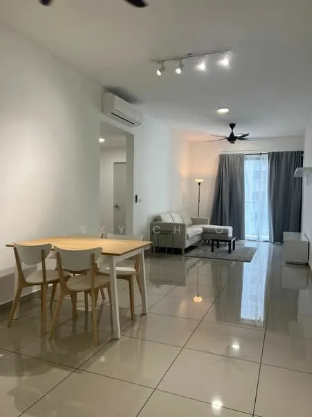 Living features: white painted walls, glossy ceramic tile flooring, 5-blade ceiling fan with light, recessed LED downlights, floor-to-ceiling windows, sheer curtains, sofa in light grey, coffee table, dining table with 4 chairs, standing lamp, air conditioning unit; style: modern; view: city.