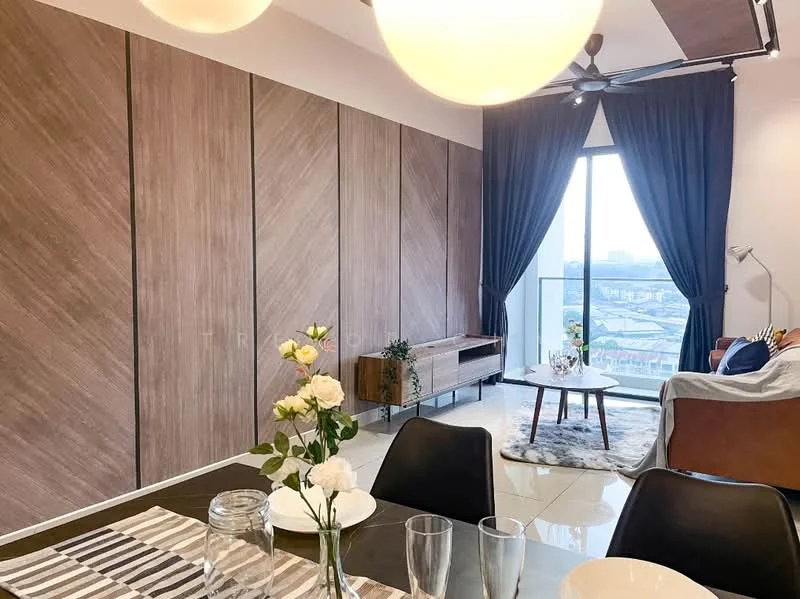 Living features: floor-to-ceiling windows, sliding glass door, dark curtains, wooden accent wall, light-colored sofa, coffee table with decorative rug, ceiling fan, decorative floor lamp, sideboard, dining table with plates and glasses; style: modern; view: city.
