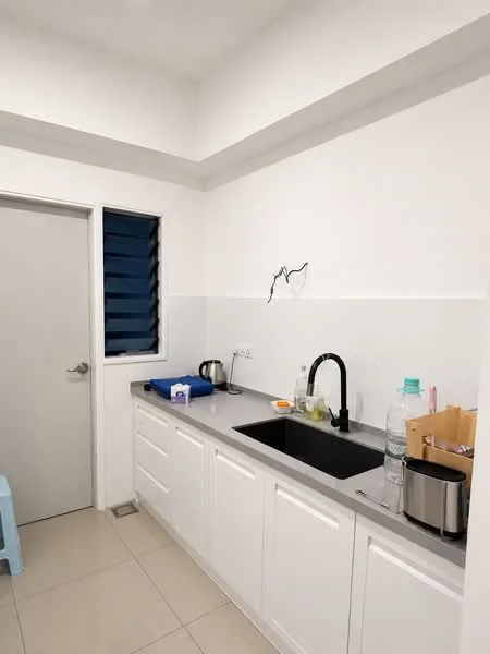 Kitchen features: white painted walls, grey countertop, single-bowl stainless-steel sink, black gooseneck faucet, white cabinetry with flat-panel doors, tile flooring, window with horizontal slats, kettle, water bottle, cutting board, storage container; style: modern.