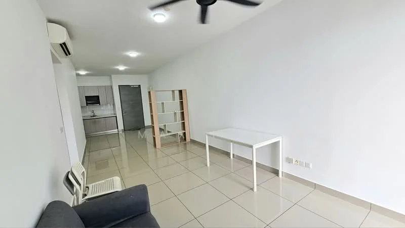 Living features: grey fabric sofa, white dining table, white shelving unit, tile flooring, white painted walls, recessed downlights, 1 wall-mounted split AC, ceiling fan, kitchen area visible in background; style: modern.