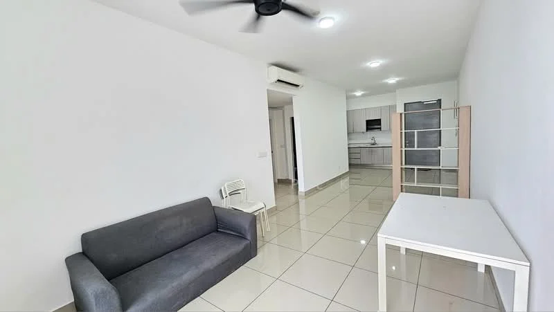 Living features: grey fabric sofa, white dining table, white painted walls, glossy tile flooring, ceiling fan, recessed LED downlights, air conditioning unit, open layout to kitchen, natural light from windows; style: modern. Room features: white painted walls, glossy tile flooring, open layout, doorway leading to kitchen.