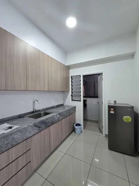 Kitchen features: grey granite countertop, light wood cabinetry, single-bowl stainless-steel sink, chrome pull-down faucet, built-in fridge, white tiled backsplash, ceramic tile flooring, recessed ceiling light, window with security bars, door leading to utility area; style: modern.