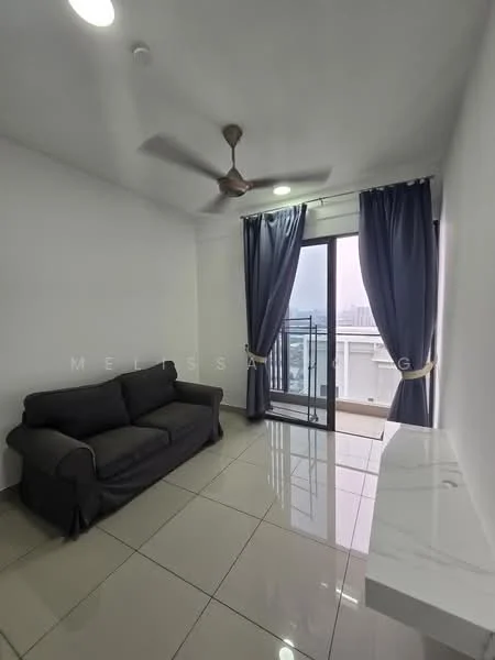 Living features: grey fabric sofa, ceiling fan, white painted walls, glossy tile flooring, floor-to-ceiling sliding glass door, blue curtains, marble countertop on console table, city view from balcony; style: modern; view: city.