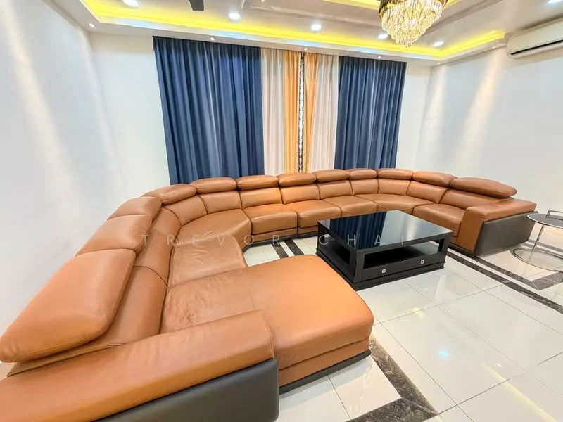 Living features: L-shape sectional sofa in brown leather, glass coffee table with storage, white painted walls, recessed downlights, tray ceiling with LED lighting, floor-to-ceiling curtains in blue and beige, marble tile flooring with black border, air conditioning unit on wall; style: modern.
