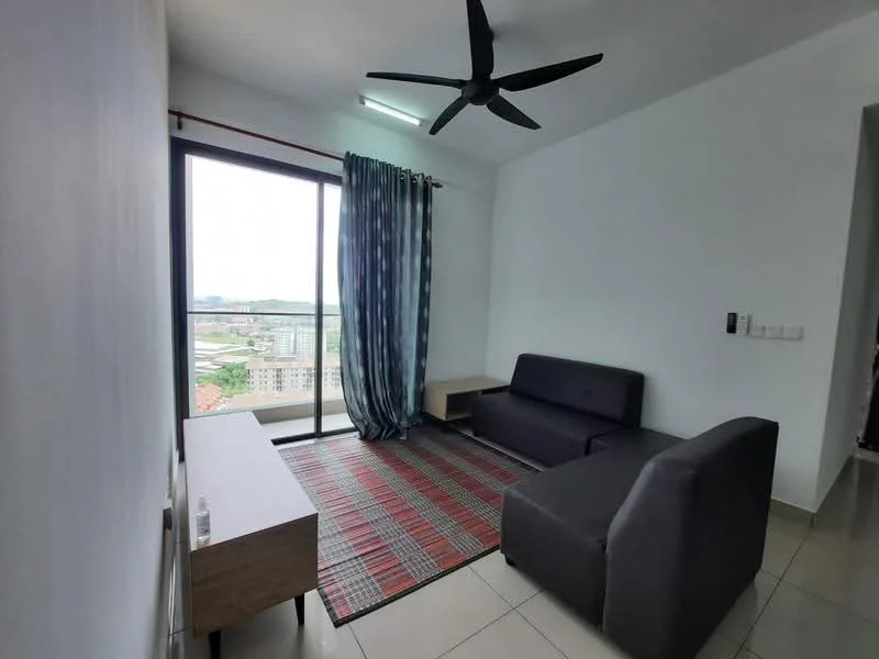 Living features: grey fabric 2-seater sofa, black fabric armchair, area rug with geometric pattern, wooden side table, floor-to-ceiling windows, curtains with blue and white stripes, ceiling fan with light, tile flooring, white painted walls; style: modern; view: city.