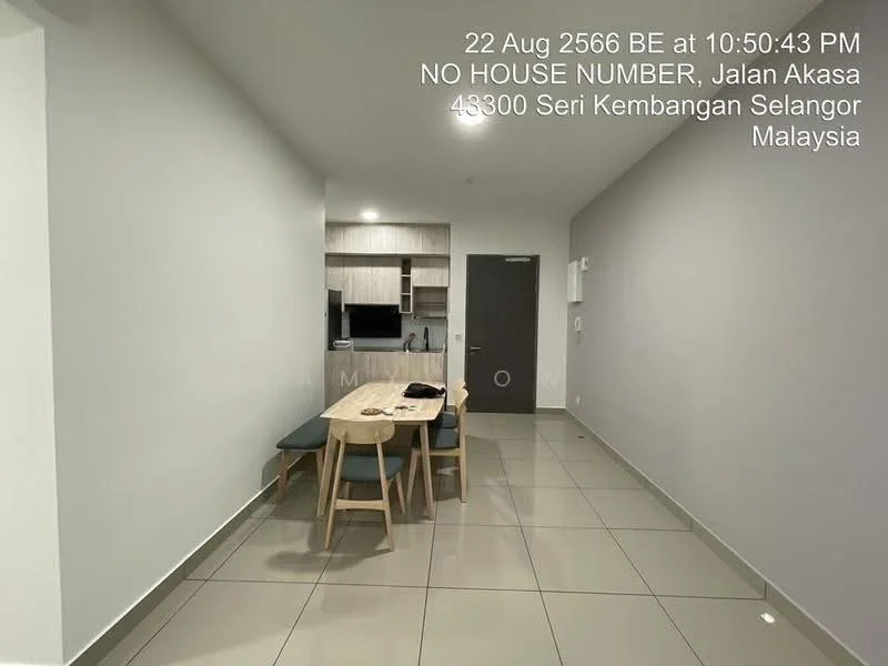 Dining features: grey painted walls, tile flooring, dining table with wooden legs, 4 wooden dining chairs, kitchenette with cabinets, built-in microwave, stainless-steel fridge, open-plan layout, recessed downlights; style: modern.