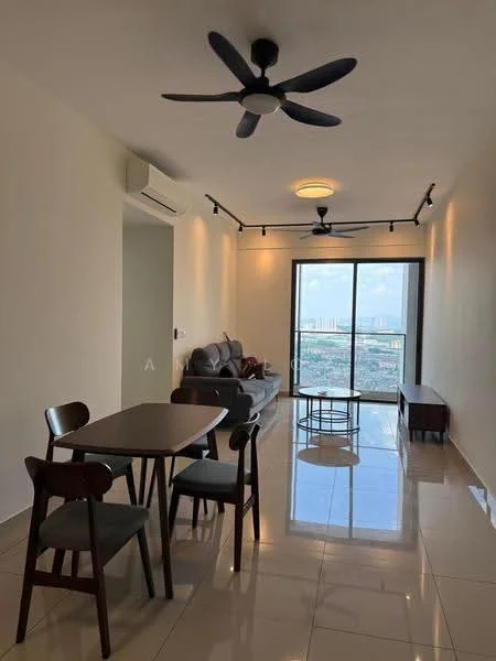 Living features: 3-seater fabric sofa in grey, coffee table, TV console, wall-mounted TV, area rug, 5-blade ceiling fan with light, recessed LED downlights, floor-to-ceiling windows, city view, cream painted walls, polished ceramic tile flooring, open-plan layout; style: modern; view: city. Dining features: 4-seater dining table, wooden dining chairs, minimalist design; style: modern; view: city.