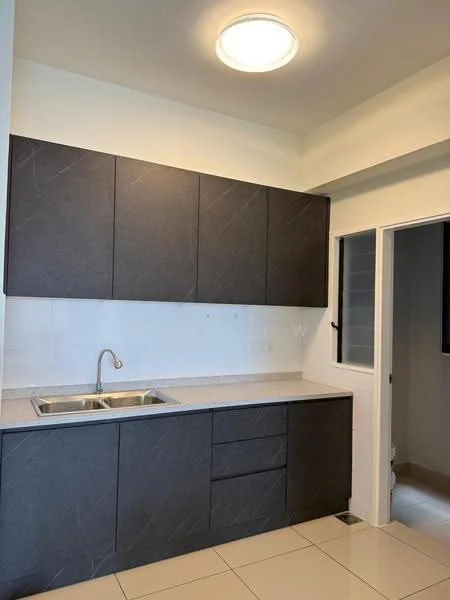 Kitchen features: dark wood cabinetry, white countertop, double-bowl stainless-steel sink, chrome pull-down faucet, tile flooring, recessed ceiling light, wall-mounted window, built-in drawers; style: modern.