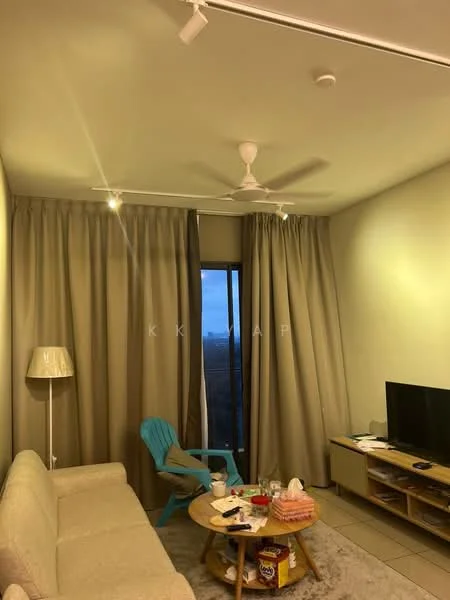 Living features: 3-seater fabric sofa in light color, wooden coffee table, area rug, floor lamp, ceiling fan, curtains, wall-mounted TV, TV console, sliding glass door, window with city view; style: modern; view: city.