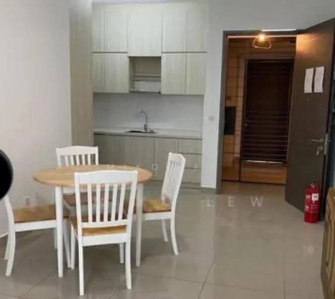 Kitchen features: white cabinetry, light wood countertop, single-bowl stainless-steel sink, chrome pull-down faucet, built-in oven, ceramic tile flooring, wall-mounted cabinets, round dining table, four white wooden chairs, fire extinguisher, door leading to another room; style: modern.