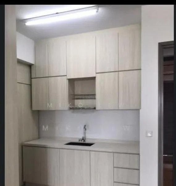 Kitchen features: light wood cabinetry, white countertop, single-bowl stainless-steel sink, chrome pull-down faucet, built-in oven, open shelving, tile backsplash, fluorescent ceiling light; style: modern.