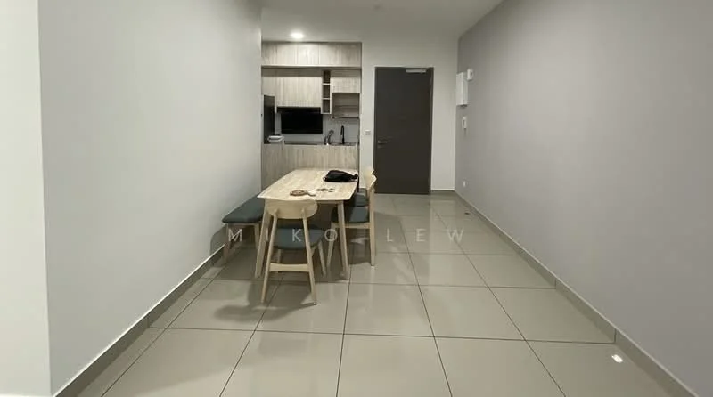 Dining features: rectangular wooden dining table, 4 wooden dining chairs, grey upholstered bench seating, light grey painted walls, glossy beige tile flooring, kitchenette area visible in background, recessed ceiling lights, doorway leading to hallway; style: modern.