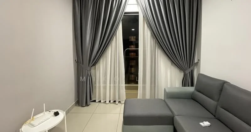 Living features: grey fabric sectional sofa, white side table, floor-to-ceiling windows, sheer white curtains, dark grey curtains, tile flooring, neutral painted walls, decorative wall with no visible artwork; style: modern.