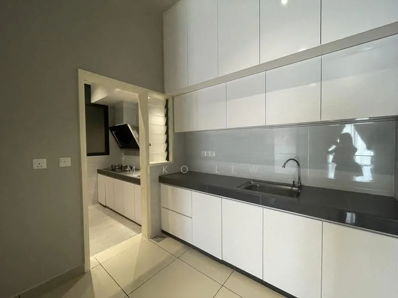 Kitchen features: white flat-panel cabinets, black countertop, single-bowl stainless-steel sink, chrome pull-down faucet, built-in oven, stainless-steel range hood, ceramic tile flooring, grey backsplash, recessed downlights; style: modern. Room features: white cabinetry, grey tile flooring.