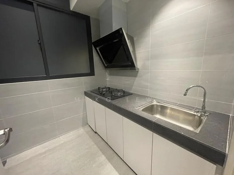 Kitchen features: grey tiled walls, grey tile flooring, black granite countertop, stainless-steel single-bowl sink, chrome pull-down faucet, built-in gas hob with two burners, white cabinetry with flat-panel doors, exhaust hood, window with black frame; style: modern.