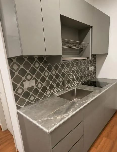 Kitchen features: grey cabinetry, marble countertop, stainless-steel sink, chrome faucet, geometric tile backsplash, open shelving, drawer storage, under-cabinet lighting, wood laminate flooring; style: modern.