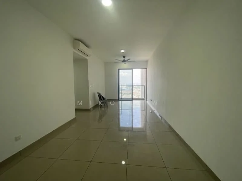 Living features: white painted walls, glossy ceramic tile flooring, recessed downlights, 5-blade ceiling fan, floor-to-ceiling windows, sliding glass door, city view, air conditioning unit; style: modern; view: city.