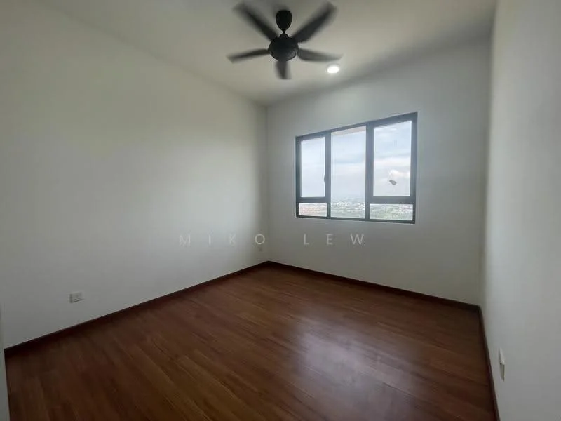 Bedroom features: wooden flooring, white painted walls, 5-blade ceiling fan, floor-to-ceiling windows, city view; view: city.