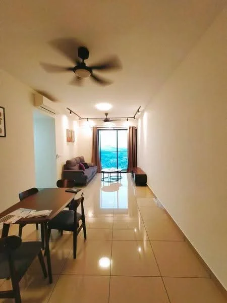 Living features: 3-seater fabric sofa in purple, coffee table, dining table for 4 with wooden chairs, floor-to-ceiling sliding glass door, curtains, ceiling fan, recessed downlights, glossy tile flooring, wall-mounted artwork, air conditioning unit; style: modern; view: sea.