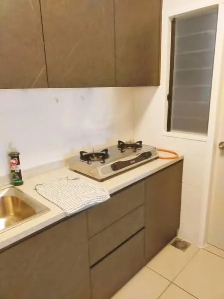 Kitchen features: single-bowl stainless-steel sink, gas stove with two burners, light-colored countertop, dark wood cabinetry, white tiled backsplash, window for natural light, floor tiles, dish towel on countertop; style: modern.