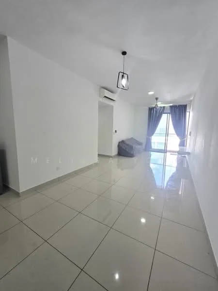 Living features: white painted walls, glossy ceramic tile flooring, recessed downlights, 1 wall-mounted split AC, floor-to-ceiling windows, grey sheer curtains, balcony door, light fixture with black frame; style: modern; view: city.