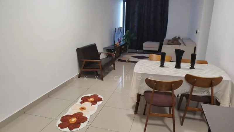 Living features: white painted walls, glossy tile flooring, sofa in beige, wooden armchair, round area rug, dining table with white tablecloth, 4 wooden dining chairs, decorative vases on table, potted plant, curtains in dark color, wall-mounted TV, framed artwork; style: modern.