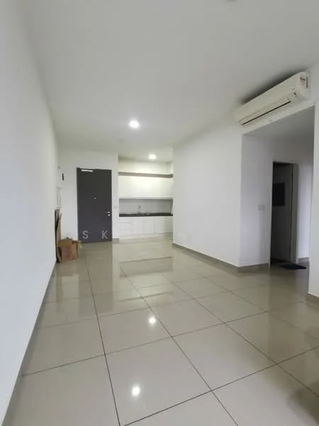 Room features: white painted walls, glossy ceramic tile flooring, recessed downlights, wall-mounted split AC, kitchen cabinetry with upper and lower cabinets, grey countertop, open layout, doorway leading to another room; style: modern.