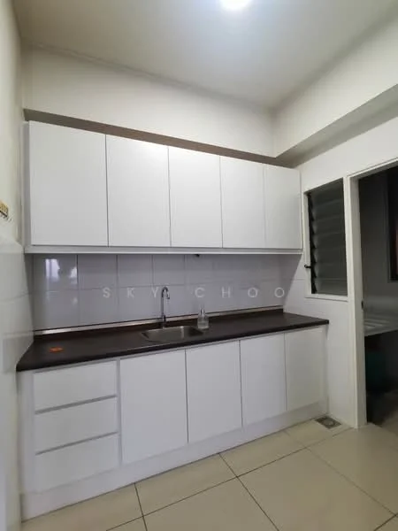 Kitchen features: white shaker cabinets, brown laminate countertop, single-bowl stainless-steel sink, chrome pull-down faucet, white tiled backsplash, ceramic tile flooring, recessed downlights, window with louvered shutters; style: modern.