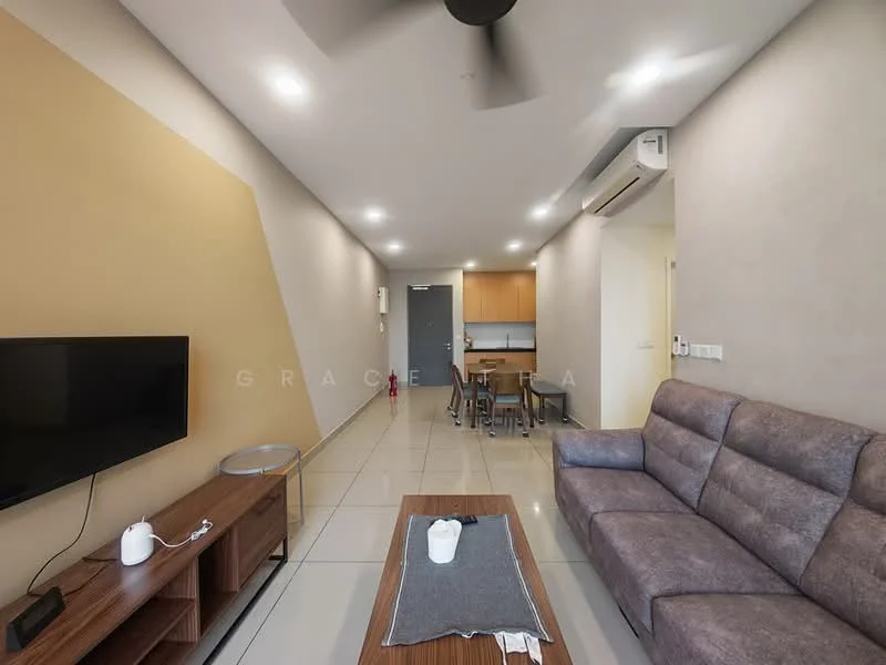 Living features: 3-seater fabric sofa in grey, coffee table, wall-mounted TV, TV console, recessed LED downlights, 5-blade ceiling fan, cream painted walls, tile flooring, open layout to dining area, air conditioning unit; style: modern. Dining features: 4-seater dining table, metal dining chairs, kitchen area visible in background, wood cabinetry, refrigerator visible; style: modern.