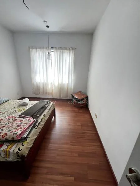 Bedroom features: wooden flooring, white painted walls, floor-to-ceiling window with sheer curtains, single pendant light, queen-size bed with patterned bedding, decorative pillows, small storage basket, minimalist decor; style: minimalist.