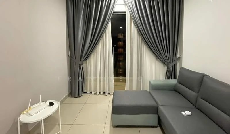 Living features: grey sectional sofa, white side table, floor-to-ceiling windows, sheer curtains, blackout curtains, tile flooring, wall-mounted router, decorative wall, neutral wall color; style: modern.